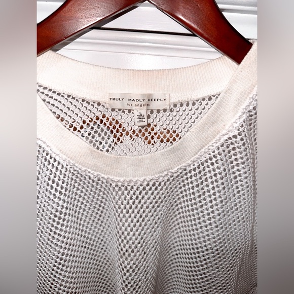 Truly Madly Deeply Open Knit Sweater, White with Striped Trim, Size Large - Picture 13 of 17